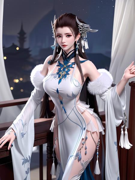 long hair, dress,silver earrings, bare shoulders, jewelry, detached sleeves, chinese clothes, standing,tassel,white tassel earrings, thigh boots, fur trim,blue choker, cityscape, night,looking at viewer, mature female,hair ornament, sitting,chair,natural pose,  <lora:CFyyyXG_20230718200648:0.75>