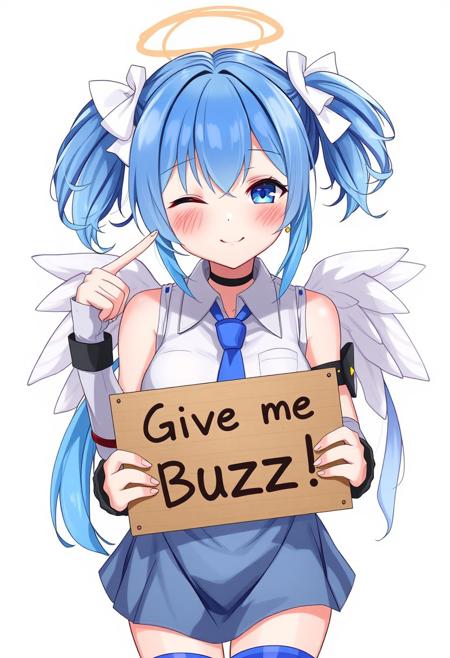 score_4,score_5,score_6,score_7_up,score_8_up,score_9 ((masterpiece,best quality,ultra detailed,highres,HD,4k:1.2)), 
1 girl,solo,face focus,
bbangel, blue hair, streaked hair, twintails, hair bow, earrings, facial mark, wings, breasts, choker, bare shoulders, blue necktie, collared shirt, white shirt, dress, sleeveless, arm strap, wrist cuffs, blue skirt, blue thighhighs
(("Give me Buzz.",Beggars Borad,Holding a sign, holding a sign that says, "Give me Buzz."))
wink,happy,blush, looking at viewer, smile,