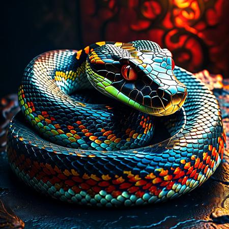 apture a photo-realistic image of a snake with dragon horns, no legs, adorned with black scales featuring intricate red and gold patterning. The snake should have colorful, beautiful eyes and be depicted in a dynamic full-body pose. Utilize cinematic lighting with Rembrandt lighting techniques to create depth and drama in the image. Incorporate volumetric lighting to enhance the atmosphere around the snake. The photograph should be taken with an aperture of F/2.8 to create a shallow depth of field and focus attention on the subject. Ensure maximum detail and ultra-realism in the rendering. The snake should be centered in the frame, commanding attention and exuding beauty and majesty. The overall composition should be visually captivating and showcase the intricate details of the snake's scales and horns.
(Dramatic Lighting, Photography, 3D Illustration, Vibrant Colors, Exquisite Detail, Award Winning, Stunning)  <lora:MJ52:0.5> epiCPhoto