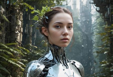 ((masterpiece, best quality)),(complex light), The image is artistically represented in two parts, on the left side of the image there is a woman who represents nature, her body is covered by leaves and her appearance is beautiful, on the left side of the image there is a forest. On the right side of the image a cybernetic, technological woman, covered in metal, is represented, on the leftmost part of the image there is a futuristic technological city. From the center of the image a warm light comes out towards the viewer