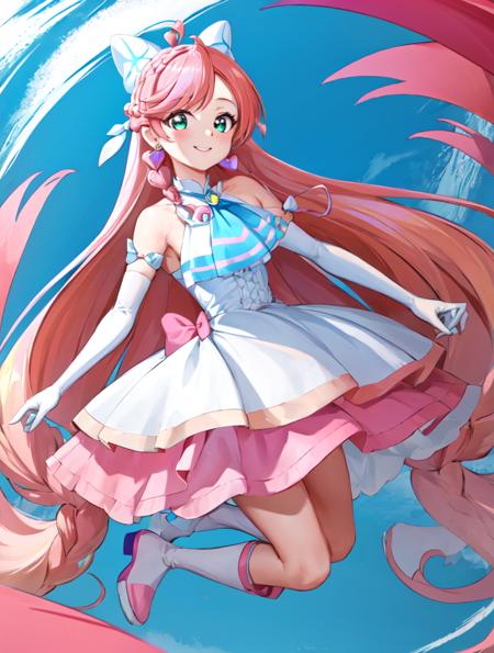 cure prism pink hair, long hair, side braid, white ascot, white boots, elbow gloves, hair ribbon, earrings, layered skirt, heart ahoge, sleeveless