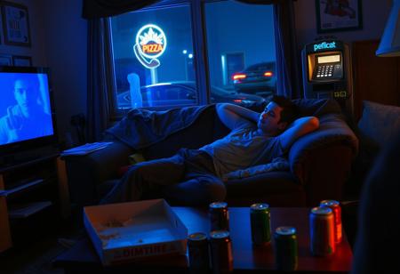 “A 23-year-old young man slouches on a worn-out couch in a dimly lit living room. The glow of the TV casts a bluish hue across the messy space. His pants are tossed haphazardly on the floor, and a half-empty pizza box sits on the coffee table next to scattered soda cans. In the background, a retro payphone glows under a neon streetlight, giving off a nostalgic 90s/early 2000s vibe. Through a nearby window, a car is parked outside, its brake lights fading, hinting at a recent, awkward departure. The scene has a humorous and slightly rebellious energy, blending warm indoor lighting with cool neon tones outside, capturing a carefree yet self-reflective moment.”
