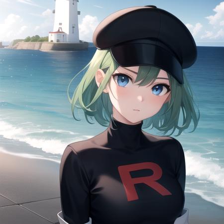 ((masterpiece)),(best quality),official art,extremely detailed CG,unity 8k wallpaper,ultra detailed,A lighthouse on a cliff by the sea,1girl,solo,upper body,(portrait:1.2),looking at viewer,belt,grey gloves,bangs,thigh boots,grey boots,black headwear,blue eyes,covered navel,cabbie hat,black hat,green hair,clothes writing,medium hair,short dress,black dress,pokemon (game),pokemon lgpe,team rocket,team rocket grunt,team rocket uniform,medium breasts,<lora:Team Rocket Grunt(pok)>,