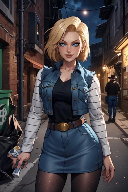 1girl, (solo:1.2), (standing:1.3), (interacting:1.3), (cowboy shot:1.5), smile, happy, at ease, (masterpiece:1.3), (best quality:1.3), (perfect anatomy:1.4), highly detailed, <lora:DB - Android 18 [AsuraAI - v1.0]:0.85> android18, earrings, denim, belt, blonde hair, blue eyes, short hair, jewelry, (denim vest:1.2), open vest, black pantyhose, black shirt, denim skirt, (white striped long sleeves), blue skirt, large breasts, (night:1.5), (dark alleyway inside a large city:1.2), (chainlink fence:1.2), (trash lying around:1.2), concrete, sparse lighting, (dystopian), <lora:Akira Raikou [MockAi - v1.0]:0.8> akiraraikou, (film grain:1.3), (speckled highlights:1.3), western artistyle, (exaggerated proprtions:1.2), (shiny skin), detailed shading