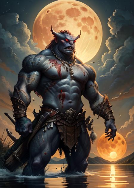 humaninomana,monster,glowing,muscular,scar,blood on clothes,nigth,moon,(wapon),lake,(red eyes),big eyes,holding weapon, <lora:humanoid-15:0.75>