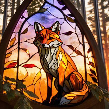 The stained-glass view of the forest at sunset showcases a central point - a majestic fox gazing towards the observer. Its fur flickers with golden rays, reflecting off the colored stained glass, giving it an almost magical aura. In the background, trees are visible, with sunlight piercing through dense branches, creating picturesque reflections against the backdrop of the sky. Light also reflects off dewdrops hanging from leaves, adding atmosphere to the scene. The entire composition is rendered in warm tones reminiscent of the golden hour, enhancing the sense of tranquility and magic of this place.