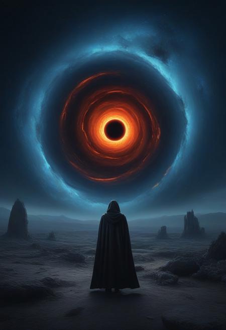 This is a digital artwork depicting a surreal, otherworldly scene. The central focus is a massive, swirling black hole with a fiery orange and red rim, surrounded by dark, swirling space debris. The black hole is located in the center of the image, encircled by a dark, cosmic void with stars and nebulae scattered across the sky. 
In the foreground, a lone figure stands on a rocky, uneven terrain, facing the black hole. The figure is dressed in a long, flowing, dark cloak that covers most of their body, suggesting a sense of mystery and isolation. The figure's face is not visible, adding to the enigmatic atmosphere.
The background features towering, jagged rock formations, some appearing to be ancient ruins, with the sky above blending into a gradient of dark blue to light blue, suggesting a transition from night to day. The textures of the rocks are rough and rugged, enhancing the desolate and alien environment.
The overall color palette is dominated by dark blues, blacks, and fiery reds, with the contrast between the figure's dark cloak and the bright, swirling black hole creating a striking visual impact. The image evokes a sense of awe and wonder, blending elements of fantasy and science fiction.
  <lora:qihuan222 (1):0.2> <lora:qihuan222 (2):0.9> <lora:qihuan222 (3):0.3>   <lora:qihuan222 (4):0.2>