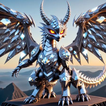 diamondMW, countless diamonds, no humans, dragon made of code, mountain background, mountains, wings made of made of diamonds, duel monster, claws, solo, open mouth, tail, red eyes, sharp teeth, teeth, monster, robot, full body, non-humanoid robot, horns, mecha, flying, tongue, from side, creature, fangs, science fiction, glowing, mechanical wings, spikes, yellow eyes, colored sclera, gem, looking at viewer, armor made of diamonds