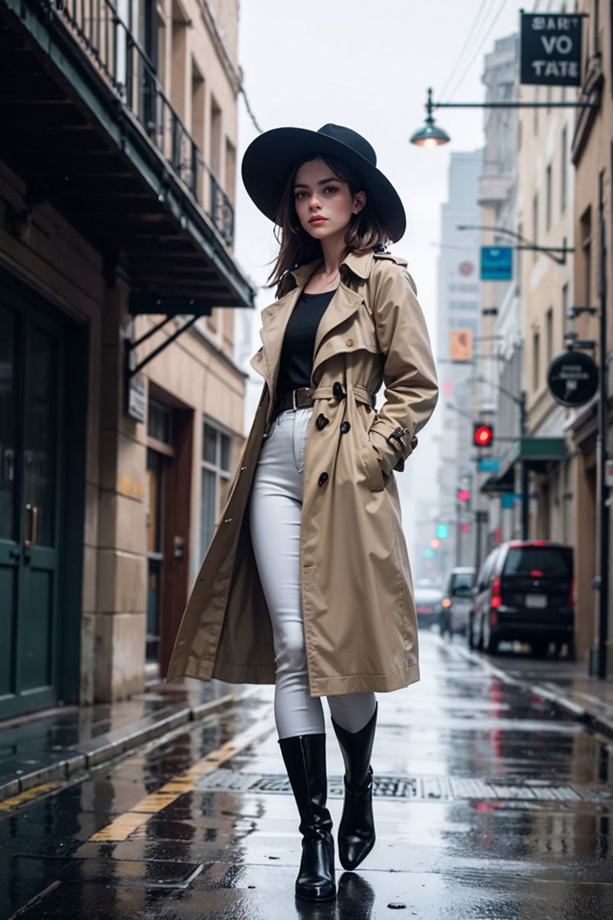 A woman wearing a black top and a tan trench coat stands on a rainy street.
