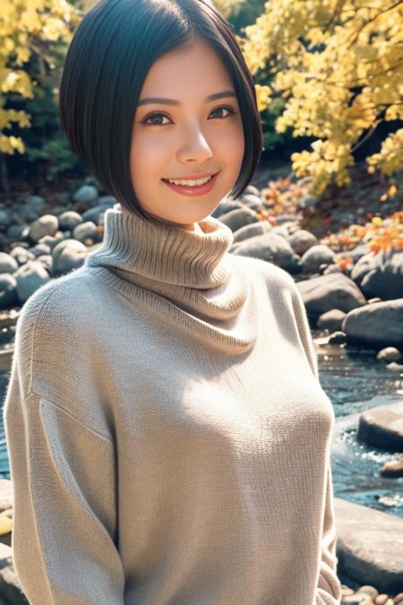 1girl,(wearing turtleneck sweater:1.2),(RAW photo, best quality), (realistic, photo-realistic:1.4), masterpiece, an extremely delicate and beautiful, extremely detailed, 2k wallpaper, Amazing, finely detail, extremely detailed CG unity 8k wallpaper, ultra-detailed, highres, soft light, beautiful detailed girl, extremely detailed eyes and face, beautiful detailed nose, beautiful detailed eyes,cinematic lighting,(autumn scenery:1.3),(by a small rocky river),(morning light),perfect anatomy,<lora:ramu_lora:0.8>,(short hair),big breasts,(smiling)