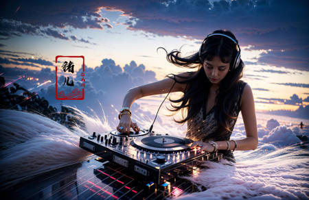 (best quality), (real), (masterpiece),(single focus), (sing), (Light and dark contrast, high contrast, high saturation:1.2)
A young girl DJ spinning tracks, fashion photography, in style of angura kei, hime - cut, straight hairthe environment transitioning from calm skies to turbulent storms, purple color, Tilt-Shift, Christian Lacroix, Tim Walker, Chema Madoz,
DJ1girl, solo, instrument, headphones,
jewelry, bracelet , long hair , keyboard (instrument) , (full body:1.1), lips, <lora:~Q?-mj DJ:0.8>