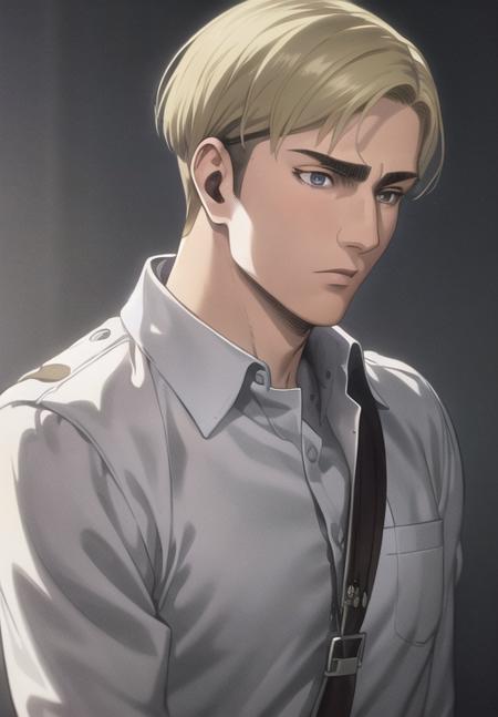 1boy, solo, (extremely detailed CG unity 8k wallpaper), (masterpiece), (best quality), (ultra-detailed), (best illustration), (best shadow), (absurdres) upper body,   <lora:Erwin:0.7> erwin_smith