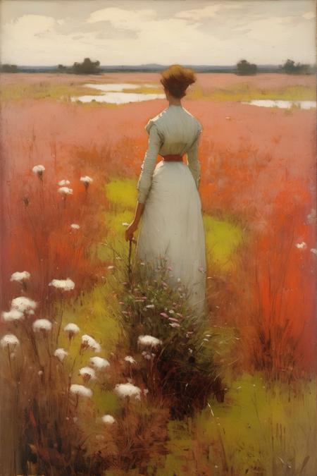 <lora:William Langson Lathrop Style:1>William Langson Lathrop Style - William Langson Lathrop. A woman walking through wildflowers in the Flanders Moss National Nature Reserve is the focus of this attractive painting. The composition showcases her peaceful wanderings through a flourishing peatland habitat, where sundews, cotton grass, and bog rosemary thrive in a delicate harmony of reds, whites, and soft blues. The scene is enveloped by the unique, expansive landscape of the moss, with the distant hills rising softly along the horizon. A gentle breeze rustles the wildflowers and the woman's flowing dress, capturing the timeless draw of Scotland's wild and untamed peatlands, muted neutral color palette.