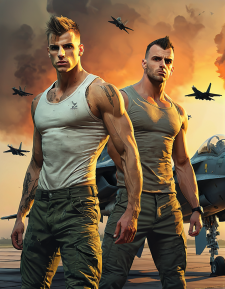 Spectacular digital illustration of two young and (handsome:1.4) fighter jet pilots, One of them is English and the other is Ukrainian, (Pictured from below1.29), (One of them is shorter with lighter hair:1.2), (One of them is more muscular and flexing his biceps:1.1), Angry facial expression, Mohawk black hair, Stubble, (Prominent wide nose:1.64), Sunset, Low detail background, Abandoned building background <lora:artfullyXLDANCE_SDXL_V:0.8>