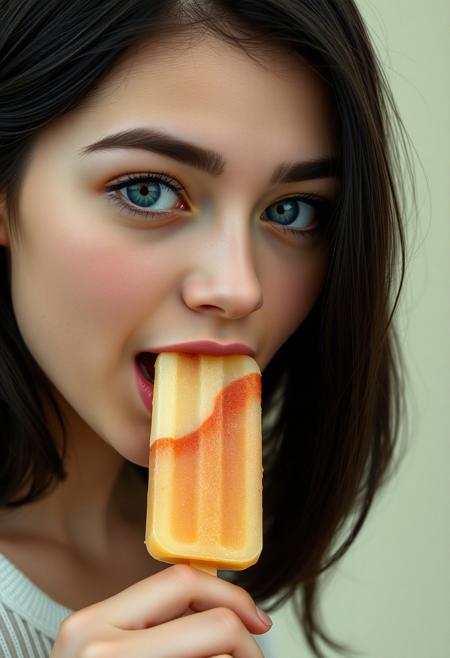 score_9, score_8_up,1 woman, cute, solo, 18 years old,     black hair, blue eyes,     popsicle   mouth open, pleasure,  full lips, , focus on mouth, relaxed, total pleasure from eating a  popsicle,
, very detailed, detailed eyes,  high detailed texture, realistic, photorealistic, perfect eyes, real life realistic, ExpressiveH, Cinematic Film,