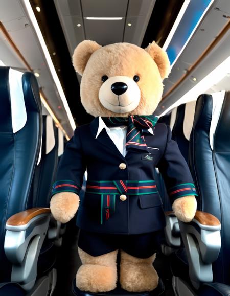 dark theme, ((full body portrait shot of a teddy bear:1)), a pretty cute plush toy wearing alitalia stewardess uniform composed of jacket, skirt, white shirt and blue silk scarf,  joy emotion, (looking at viewer:1.2), (dynamic pose), posing in front of a plane, intricate detailed long, 4k, 8k, (intricate details:1.12), hdr, (intricate details, hyperdetailed:1.15), soft cinematic light, dramatic atmosphere, atmospheric perspective, (soft light, sharp), <lora:alitulti:0.8>, wool, fur, antropomorphism