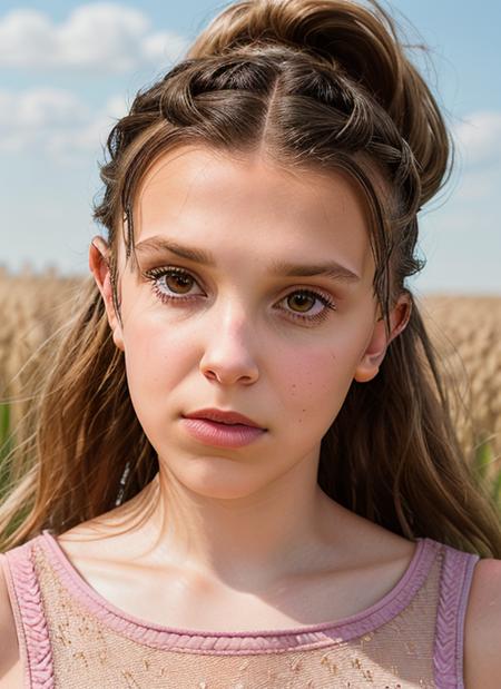 portrait of skswoman, disgust , wearing couture , with Half-up, half-down hairstyle , background field of wheat epic (photo, studio lighting, hard light, sony a7, 50 mm, matte skin, pores, colors, hyperdetailed, hyperrealistic), <lyco:Millie Bobby Brown:1.2>