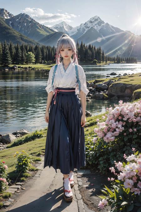 <lora:AyakaKendo:0.65>, ayaka_KendoUniform, 1 sweet girl, cowboy shot, white long hair, ponytail, pink hair ribbon, bangs, white shirt, blue long hakama skirt, geta, full body, outdoors, park, lake, lawn, mountains, flowers, sunshine