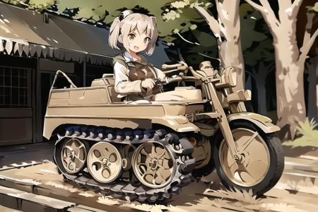 masterpiece, best quality <lora:kettenkrad-v11:0.8>, 1girl, solo, driving kettenkrad, :d, BREAK (brown flipped hair:1.2) BREAK gray eyes