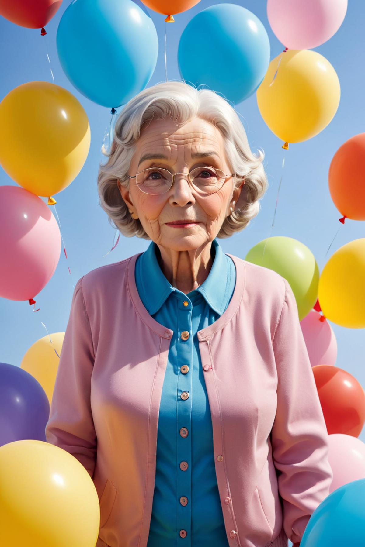 An elderly woman in a blue shirt and pink sweater posing with colorful balloons.