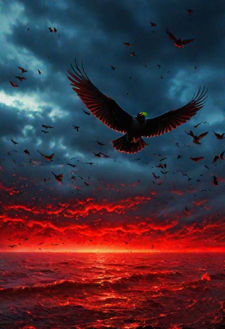 <lora:md2034:0.5> awe inspiring, interest arousing
poster_\(medium\), Full length, 2 meters distance away, distance shot, full body, whole body, perfect photograph, vivid detail, (( The blackbirds, they fell in thousands from the sky
The red wings streaming down from the higher seas