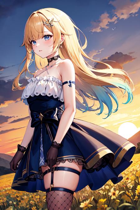 masterpiece, best quality, highres, aaema, long hair, gradient hair, hair ornament, lace choker, black choker, bare shoulders, criss-cross halter, blue dress, frils, black bow, black gloves, thigh strap, fishnet, single thighhigh, <lora:aizawa_ema_v1:0.7>, from side, wind, field, sunset, standing