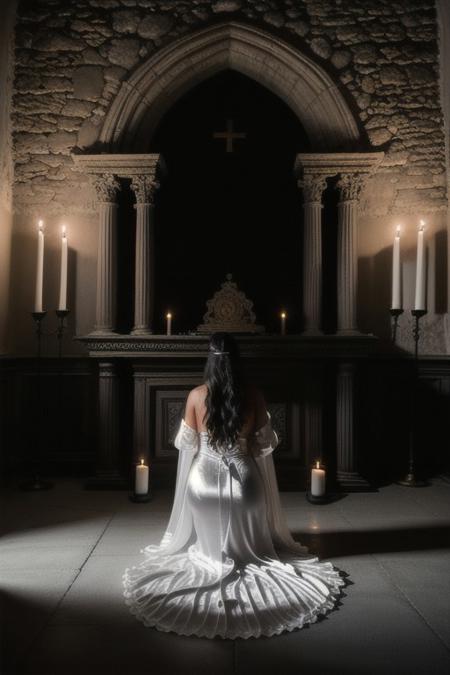 RAW photo, 8k uhd, dslr, high quality, ultra-realistic, realistic, realism, film grain, Fujifilm XT3.
View from behind, dark gothic-room lit by candles•ancient stone altar.
1woman•wearing a (white satin gown dress)•voluptuous body•kneeling•worshiping