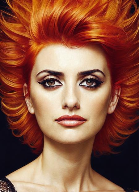 portrait of sks woman by Flora Borsi, style by Flora Borsi, bold, bright colours, orange Mohawk haircut, ((Flora Borsi)), <lora:locon_penelope_v1_from_v1_64_32:1.3>