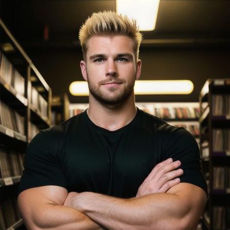 Hyperrealistic photo of a large young man, spiky blonde hair, green eyes, strong jawline, long masculine face, big muscles, wearing a black T-shirt, arms crossed, smirking, standing next to a CD rack.
Boutique music store, moody lighting.