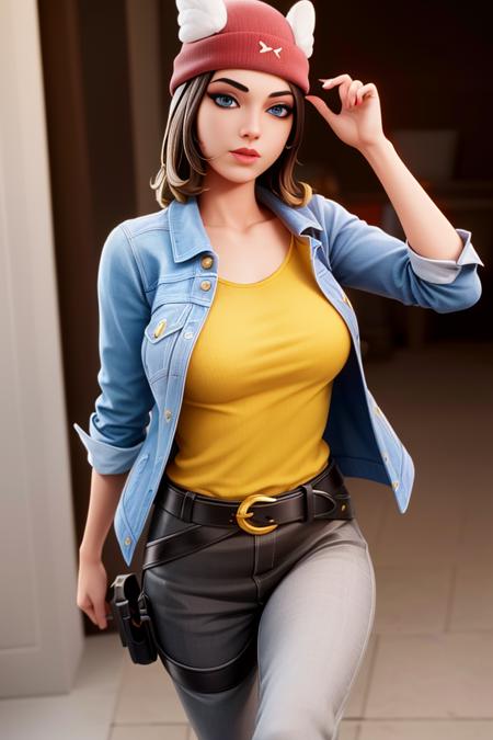 (realistic:1.5), <lora:Skye_75Koto_DB:0.5>, 1girl,  xyzskye, 3d, render, red_headwear, red beanie, lips, ((big eyes)), looking at viewer, brown hair, beautiful face, alluring eyes, blue eyes, octane render, walking, yellow shirt, jacket, holster, boots, sidearm, black_legwear, pants, belt,