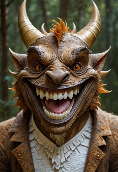 Close up portrait of a grinning Chimera with biological characteristics, big smile, white teeth, scaly skin, warm golden brown color scheme, distinctive horns and ears, medium size, playful behavior, mystical forest environment, subtle glow, dreamy style, pastel colors, serene mood, soft focus lighting, slightly above eye level perspective/composition, misty background elements, interactive sparks, emotional response of wonder.  <lora:big_smile_sdxl_v1:1>