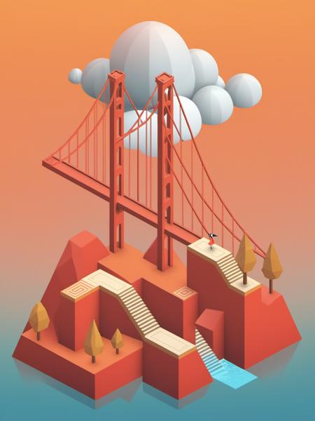 video game monument valley style, Golden Gate Bridge, stairs, water, cloud, hill, trees, gradient background, <lora:Monument Valley style:0.8>