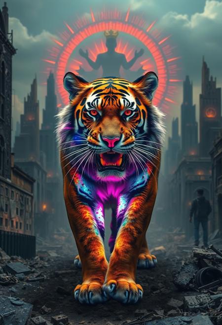A tiger with radiant, prismatic fur, emerging from an abandoned city overtaken by sacred symbols, surreal landscape photography meets expressionist figuration, constructed environments with raw, distorted human elements, hyperreal nature infused with bold linework and visceral emotion, manipulated scale and perspective, stark contrast between artificial beauty and human brutality, expressive textures in staged settings, psychological symbolism, modernist grotesque forms set within photographic landscapes, architectural fragments and surreal models clashing with abstract figures, ambiguous spatial narratives, visual tension between control and chaos, hybrid of photographic realism and neo-expressionist intensity