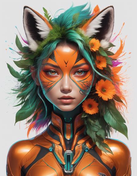 (masterpiece:1.1), (highest quality:1.1), (HDR:1.0), extreme quality, cg, (negative space), detailed face+eyes, 1girl, fox ears, animal ear fluff, (plants:1.18), (fractal art), (bright colors), splashes of color background, colors mashing, paint splatter, complimentary colors, neon, (thunder tiger), compassionate, electric, limited palette, synthwave, fine art, tan skin, upper body, (green and orange:1.2), time stop
, detailed, realistic, 8k uhd, high quality