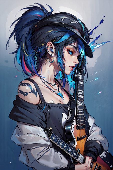 1girl, solo, black hair, hat, jewelry, jacket, ponytail, multicolored hair, earrings, necklace, off shoulder, from side, tattoo, profile, blue background, instrument, realistic, guitar, electric guitar <lora:GothConcepts:0.8>