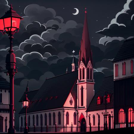 ((Cultist_Simulator, SimpleCult, masterpiece, best quality, detailed, absuredres)), city, building, street, lamppost, church, moon, cloud, night_sky, stars, ((red_theme)), simple_art_style, rain, storm clouds, monochrome <lora:CultistSimulatorStyle2:1>