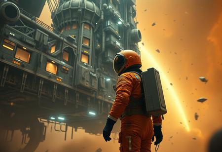 A cinematic shot of an astronaut in a vibrant orange spacesuit standing in the foreground, with a massive, intricate space station or spacecraft as the backdrop. The space station is adorned with numerous lights, windows, and technical details. The astronaut's suit is equipped with various gadgets and patches. The atmosphere is filled with floating debris and a hazy orange hue, suggesting either a celestial event or a post-apocalyptic setting.