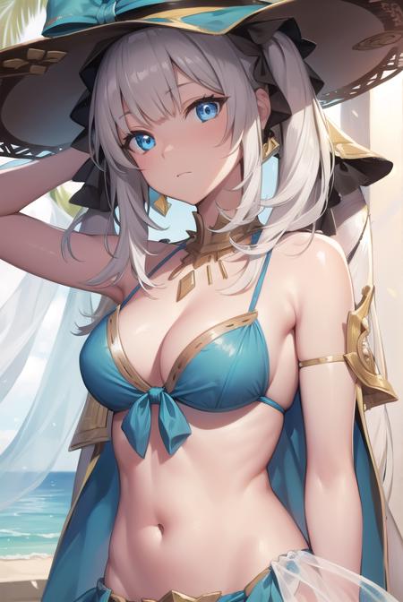 fgomarieantoinette, <lyco:marieantoinette-lyco-nochekaiser:1>,
marie antoinette, blue eyes, long hair, white hair, twintails,
BREAK bikini, blue bikini, frilled bikini, frills, front-tie top, hat, jewelry, navel, necklace, sarong, sun hat, swimsuit,
BREAK looking at viewer,
BREAK indoors,
BREAK <lyco:GoodHands-beta2:1>, (masterpiece:1.2), best quality, high resolution, unity 8k wallpaper, (illustration:0.8), (beautiful detailed eyes:1.6), extremely detailed face, perfect lighting, extremely detailed CG, (perfect hands, perfect anatomy),