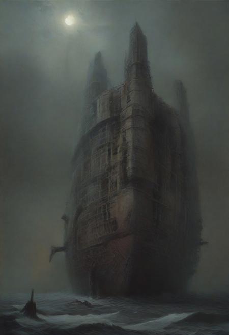 Bow of the ship, Looking up, dynamic angle, low angle, Wistful, Best quality, masterpiece, digital artwork by Beksinski, Stylish composition, gloomy lighting, moonlit night, surreal, Atmospheric perspective, An imposing (((Warship))) looms over the shot, colossal, immense, gigantic, monumental, formidable, massive, titanic scale, mechanophobia, megalophobia, derelict, calm (((glassy))) sea reflective, desolation,