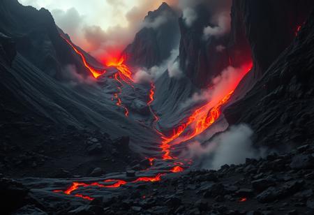 In the heart of a volcanic landscape, scenes of impending chaos. Molten lava cascades down the mountainside, casting an ominous red light onto the rocky terrain. With smoke and ash, fiery explosions, lots of detail, extremely detailed, wide range of colors. Soft shadows. Insane quality. Insane detail. A masterpiece. Dynamic, Cinematic Crisp details