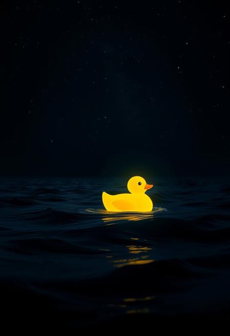 A glowing yellow duck radiates soft light as it drifts on a pitch-black sea under a starry night sky. The dark waves shimmer faintly with the duck’s luminescence, casting eerie reflections. Scattered stars twinkle above, contrasting the inky depths, evoking a mystical and tranquil atmosphere.