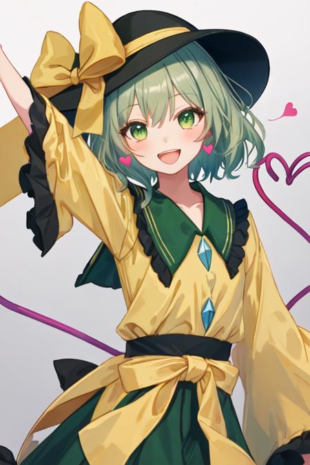 best quality, masterpiece, highres, solo, {komeiji_koishi_touhou:1.15}, third_eye, hat, green_eyes, black_headwear, short_hair, green_hair, ribbon, smile, bow, upper_body, heart, bangs, hat_ribbon, hat_bow, hair_between_eyes, 1girl, :d, blush, frilled_shirt_collar, frills, grey_hair, heart_of_string, long_sleeves, looking_at_viewer, open_mouth, shirt, yellow_bow, yellow_shirt, eyeball, wide_sleeves, arm_up