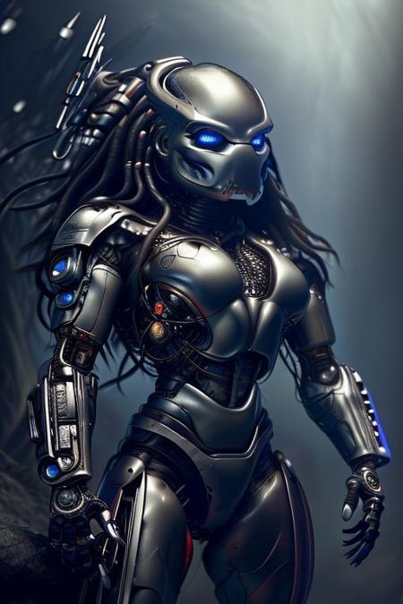 cinematic film still silverpulse, cyborg yautja, simple background, high quality, artistic, vibrant colors, detailed textures. futuristic sleek/glossy silver and blue glow, vibrant colors, detailed textures., Concept art, cyborg, background, vintage, modern, SilverPulse, <lora:SilverPulseMorphXL:0.8>, excellent composition, artistic, highly detail, holy, sunny, dynamic dramatic beautiful full taking . shallow depth of field, vignette, highly detailed, high budget, bokeh, cinemascope, moody, epic, gorgeous, film grain, grainy, front view,