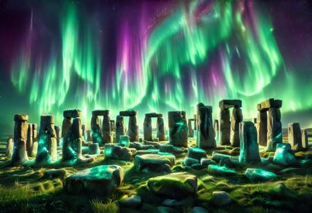 morph-aurora, stonehenge, aurora flows around the stones, , RAW Photo, absurdres, high quality, high detail, masterpiece