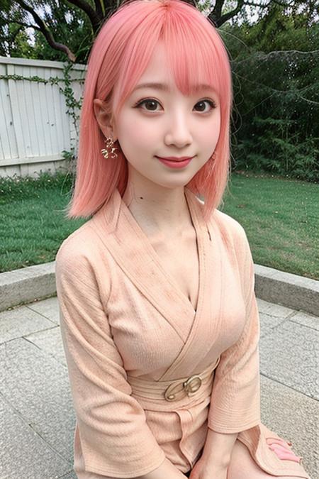 "1girl,photo of realyami, pink hair, (short hair:0.550),best quality, earrings,(kimono:1.4),torii, cherry blossoms, (detailed face:1.4), (looking at viewer:1.25), shiny skin, smile, simple background,((half body:1))  <lora:realyami_v1.2-000015:1>