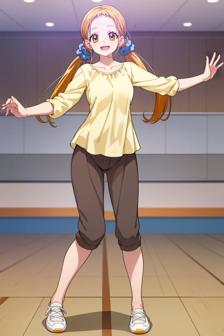 <lyco:GoodHands-beta2:0.6>,  <lora:urara_otona:0.6>, urara_otona, yellow shirt, blue scrunchie, brown capri pants, low  twintails, shoes, in dance studio, full body, standing, smile, solo, looking at viewer, forehead, mature female