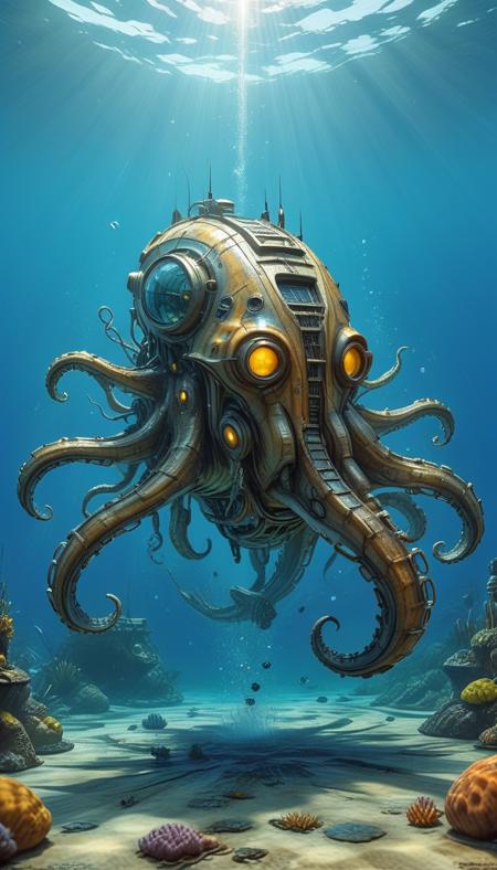 (cel-shading:2)+, (in ARTIST style:1.6), (masterpiece:1.7), hyperrealism, glossy, shinny,
clear image, accurate picture, clear picture, precise image, focused image, Science fiction style, Science fiction,
(cozy comfy,  cinematic blend of car and mecha kraken, sea, sky, rain, bad weather, underwater, (underwater focus:1.8), science fiction texture, science fiction skin),
comic style, (ultra sharp focus:2), (thin lines:2),
(best quality:1.8),
<lora:Apparatus_-_Traction_City_Walkers_Vehicles:0.8>,