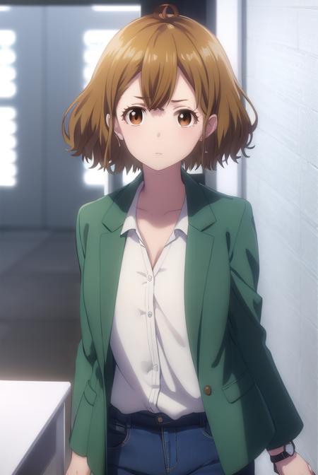 yuzuhamishima, <lora:yuzuha mishima s1-lora-nochekaiser:1>,
yuzuha mishima, short hair, brown hair, (brown eyes:1.5),
BREAK shirt, long sleeves, jacket, white shirt, open clothes, pants, black footwear, watch, green jacket, wristwatch,
BREAK indoors, office,
BREAK looking at viewer, (cowboy shot:1.5),
BREAK <lyco:GoodHands-beta2:1>, (masterpiece:1.2), best quality, high resolution, unity 8k wallpaper, (illustration:0.8), (beautiful detailed eyes:1.6), extremely detailed face, perfect lighting, extremely detailed CG, (perfect hands, perfect anatomy),