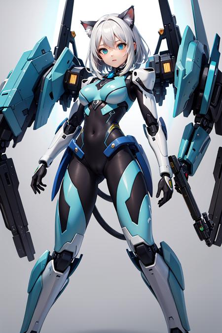 (masterpiece), best quality, high resolution, highly detailed, detailed background, perfect lighting, lens flare, mecha, 1girl medium hair white hair, cat ears, aqua eyes, mecha musume, mecha, mecha clothing, mecha armor, tight bodysuit,