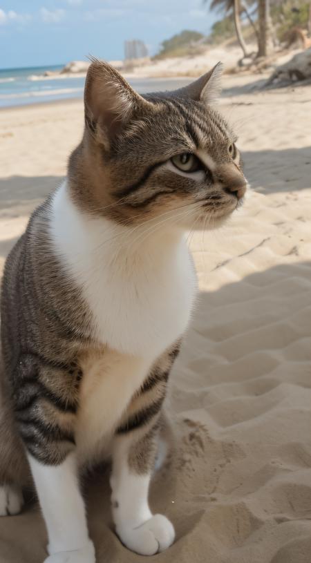 close-up, cat , in a beach, sand, sun, photorealistic, HDR